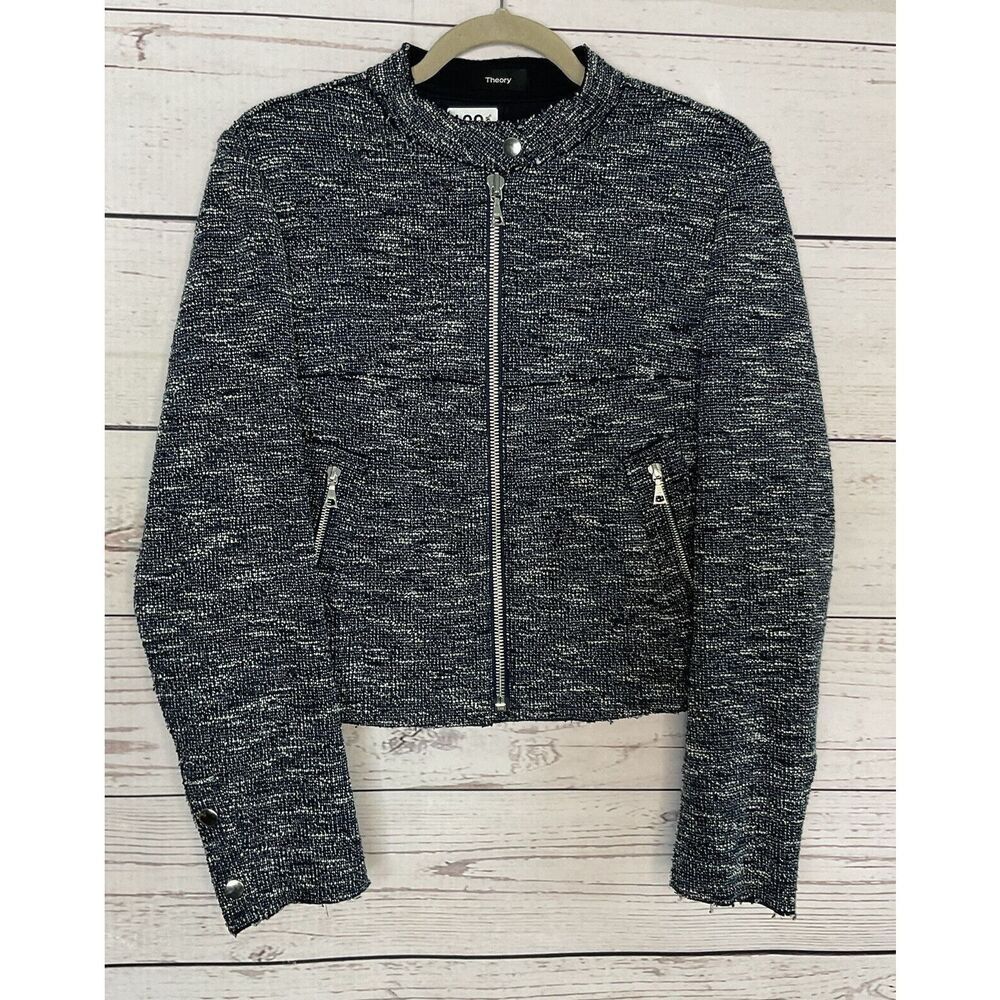 THEORY Jacket Womens Medium Moto Jacket Blue Tweed Raw Hem Neutral Minimalist - Picture 3 of 16